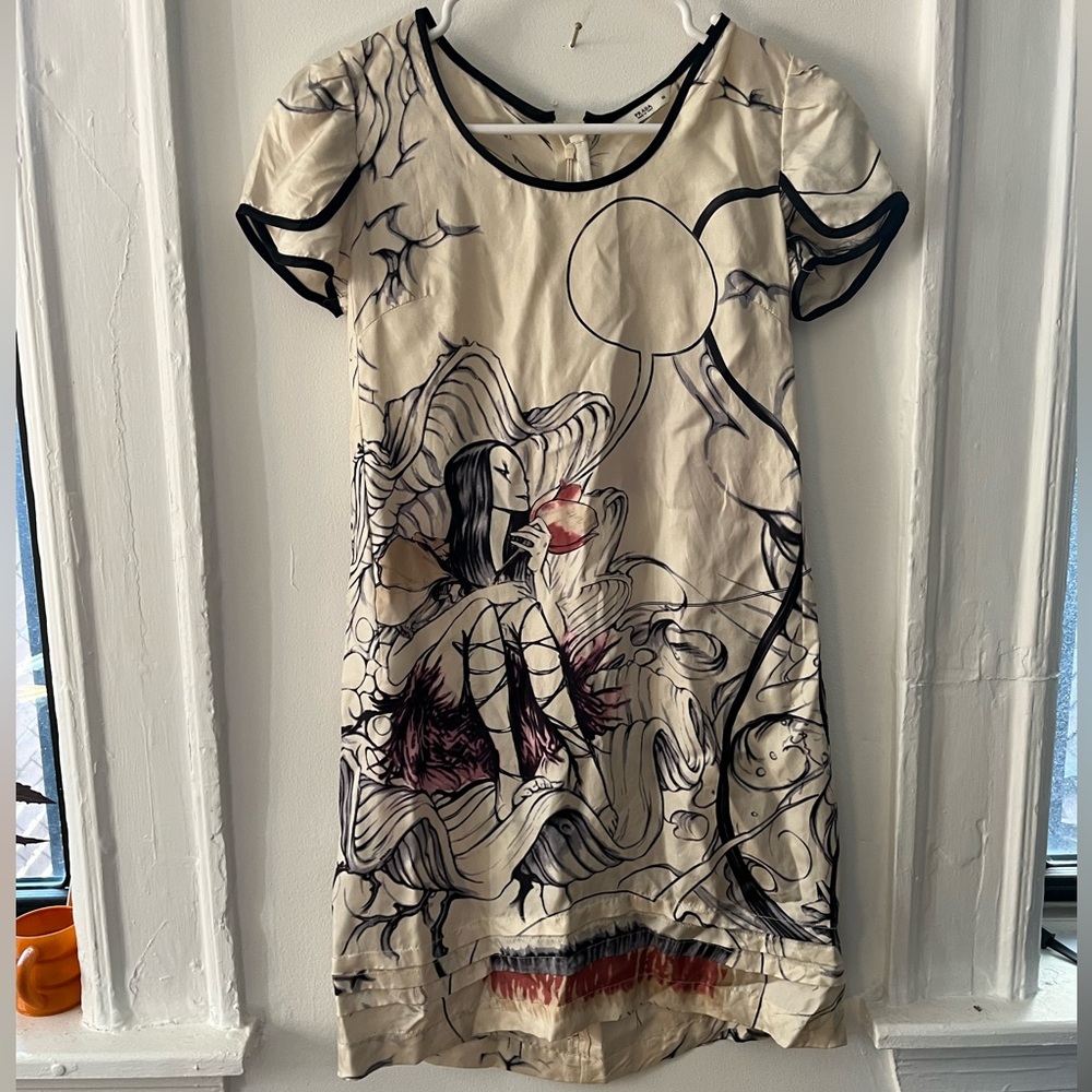 Prada James Jean Artist Silk Cream and Black Dress